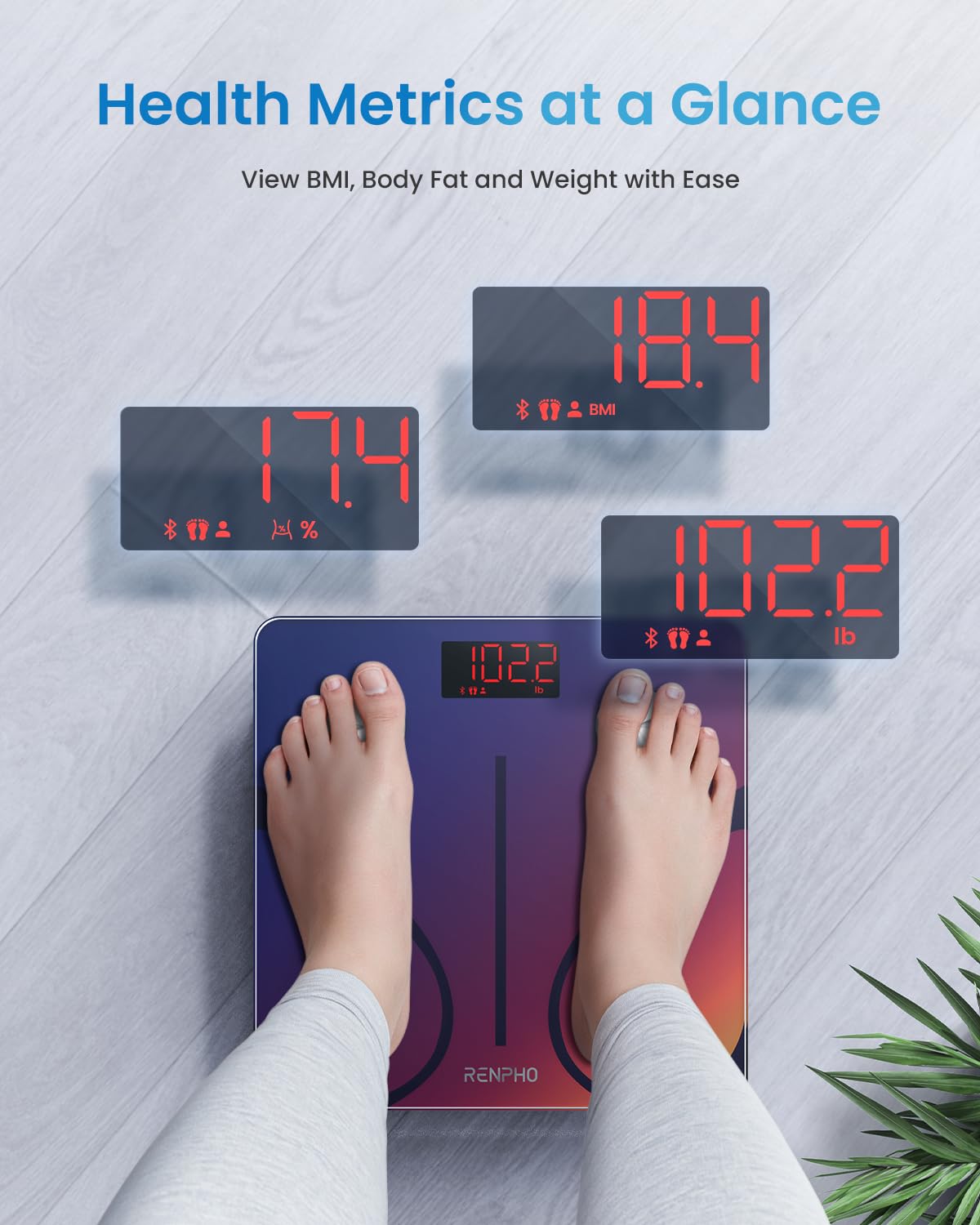 RENPHO Smart Scale for Body Weight, Tempered Glass Bathroom Digital Scale with BMI, Body Fat, Bluetooth Fitness Equipment Sync with Apps Accurate for Weight Loss, Home Use, 400 lbs – Elis 1