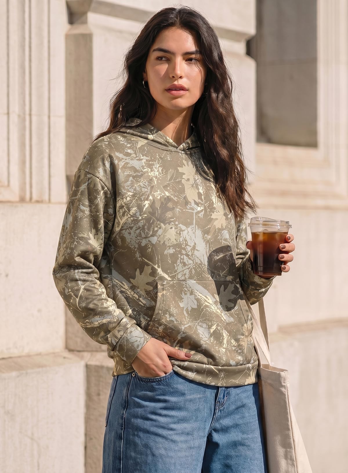 Dokotoo Hoodies for Women Long Sleeve Maple Leaf Fleece Camo Hoodie Oversized Camouflage Casual Sweatshirt Hooded Tops