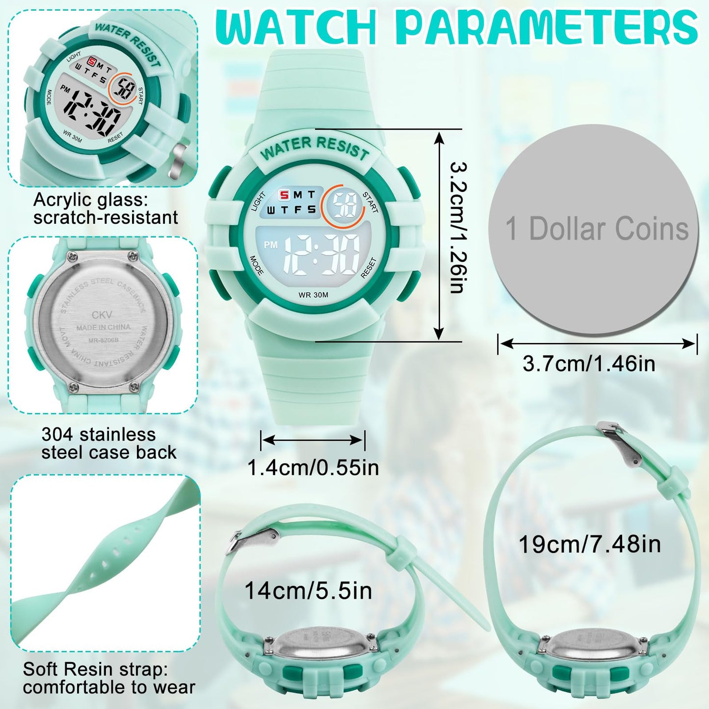 DTKID Digital Kids Watch 30 M Waterproof, 7 Color Lights Time Teaching Watch Easy to Read for Girls Boys 5-16