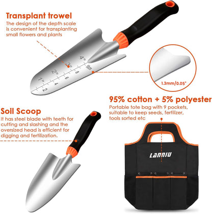 9 Piece Garden Tool Set | Heavy Duty Stainless Steel, Ergonomic Non-Slip Rubber Handles, Pruning Shears, Trowel, 600D Storage Tote Bag