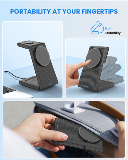JoyGeek 3 in 1 Charging Station for Apple Devices, Wireless Charger Stand for iPhone 17/16/15/14/13/12/11/SE/X Pro Max Plus - Apple Watch 11/10/9/Ultra 2/8/SE/7/6/5 - AirPods Pro 2/3/2
