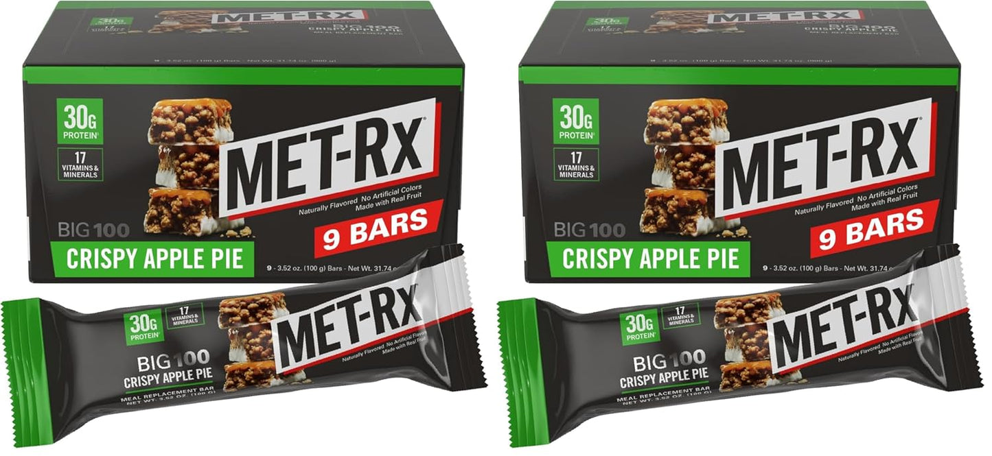 MET-Rx Big 100 Protein Bar, Meal Replacement Bar, 30G Protein, Salted Caramel Brownie Crunch, 9 Count, 3.52 Oz.(Packaging may vary)