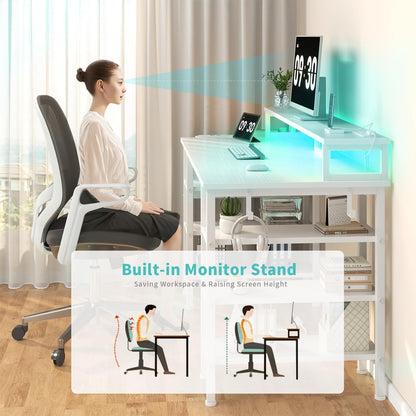 Lufeiya Gaming Desk with LED Lights and Storage Shelves, 47 inch Computer Desk with Power Outlets, Home Office Desk with Monitor Stand, Writing Table PC Desks, Black