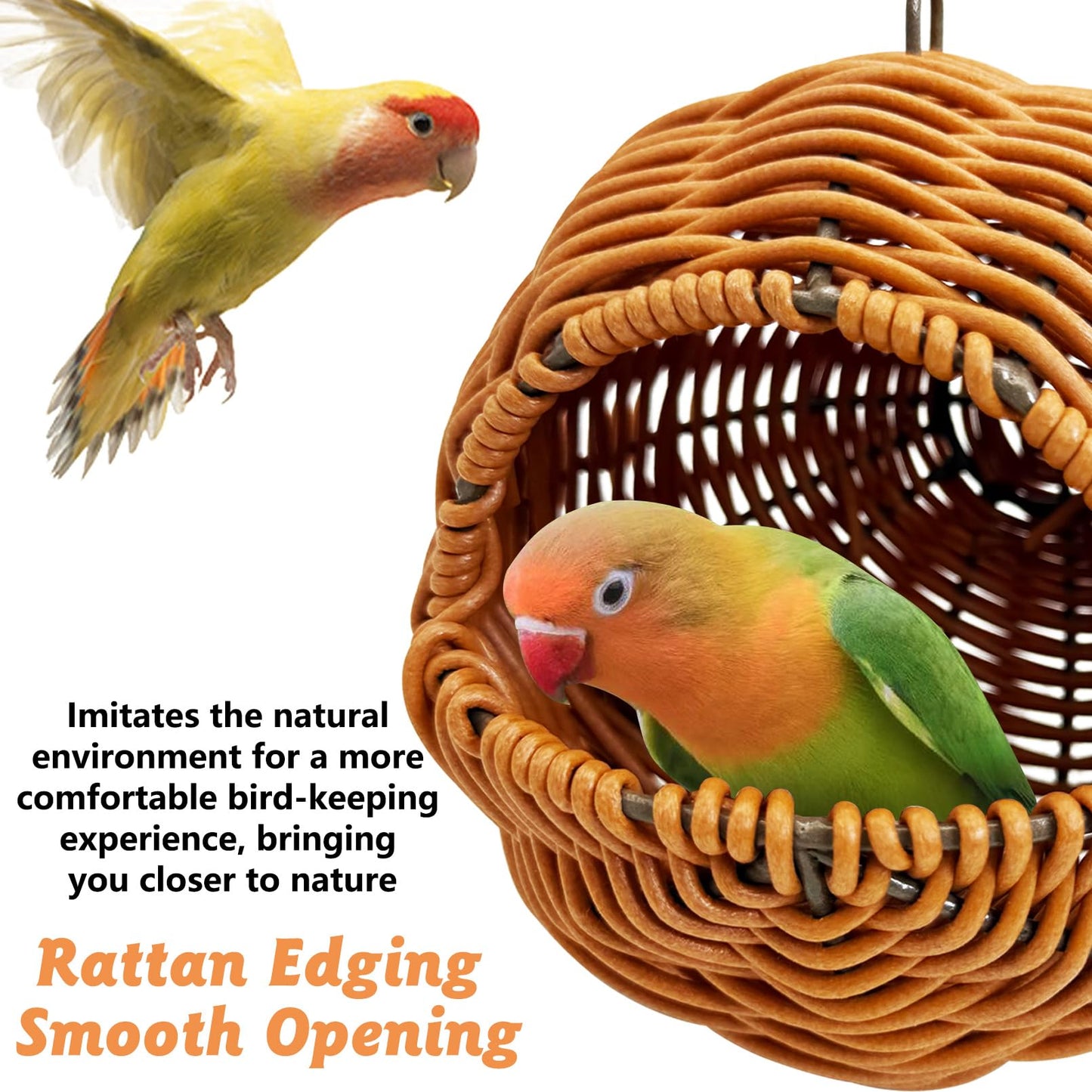 BNOSDM Rattan Bird Nest Parrot Nesting House Parakeet Nesting Soft Lovebird Warm Bed Sleeping for Parrots Bird Cage Accessories for Cockatiels Budgerigars Finches Canaries (Single-Hole Style)