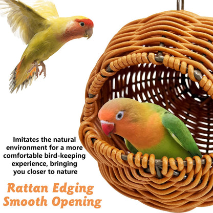 BNOSDM Rattan Bird Nest Parrot Nesting House Parakeet Nesting Soft Lovebird Warm Bed Sleeping for Parrots Bird Cage Accessories for Cockatiels Budgerigars Finches Canaries (Single-Hole Style)