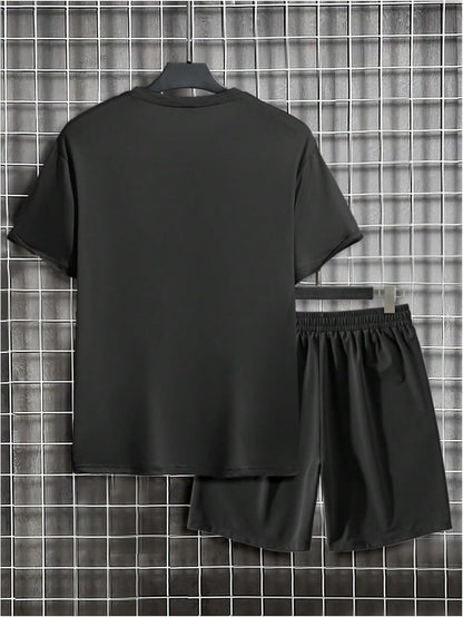 VIPWOLF Men's 2 Piece Outfits Graphic Short Sleeve T-Shirt and Drawstring Shorts Streetwear Casual Y2k Summer Clothes Grey Medium