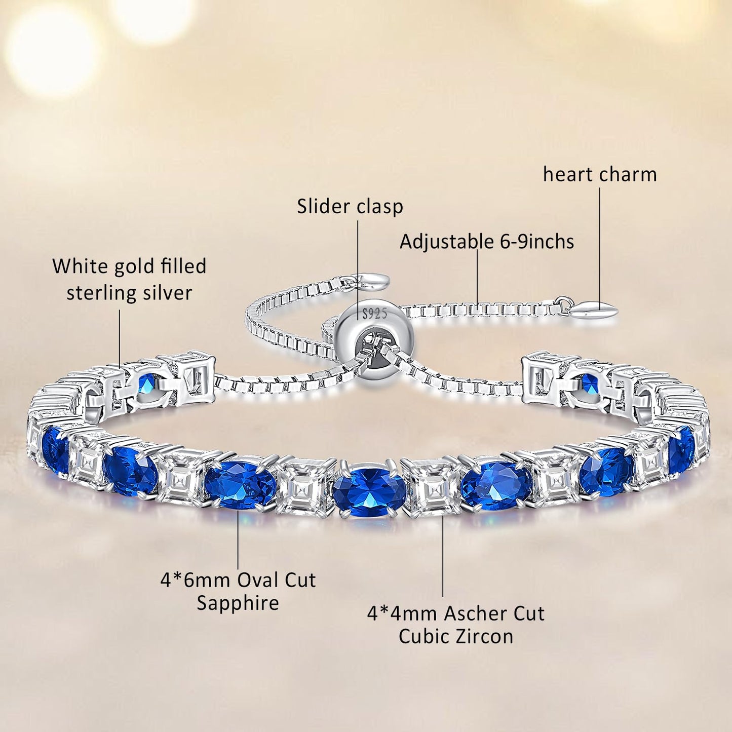 Sterling Silver Birthstone Bracelets for Women White Gold Tennis Bracelets Adjustable Chain 6-9 Inchs Jewelry Hypoallergenic Anniversary Birthday Gifts for Women Mom Wife Her