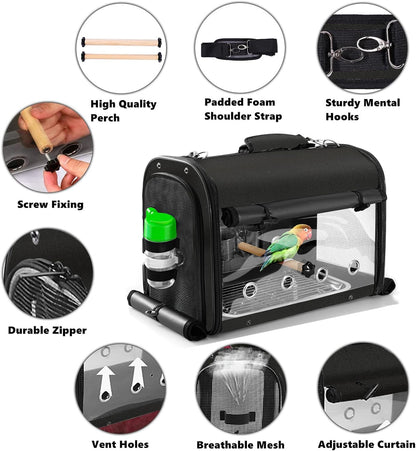 Bird Carrier Bag with Stand, Lightweight Backpack for Parrot, Portable Cockatiel Travel Cage with Accessories, Pet Transparent Breathable Carrier, Gray