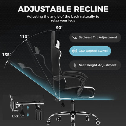 GTPLAYER Gaming Chair, Computer Chair with Footrest and Lumbar Support, Height Adjustable Game Chair with 360°-Swivel Seat and Headrest and for Office or Gaming (Pearl White)