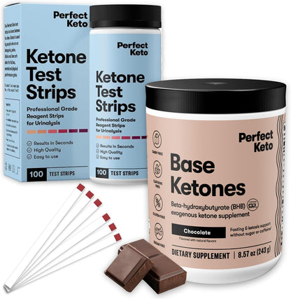 Perfect Keto Ketone Bundle — Exogenous Ketones Powder (Chocolate, 8.57 oz) + 100 ct Urine Ketone Test Strips — Keto Support & Monitoring Kit for Low Carb/Ketogenic Diets