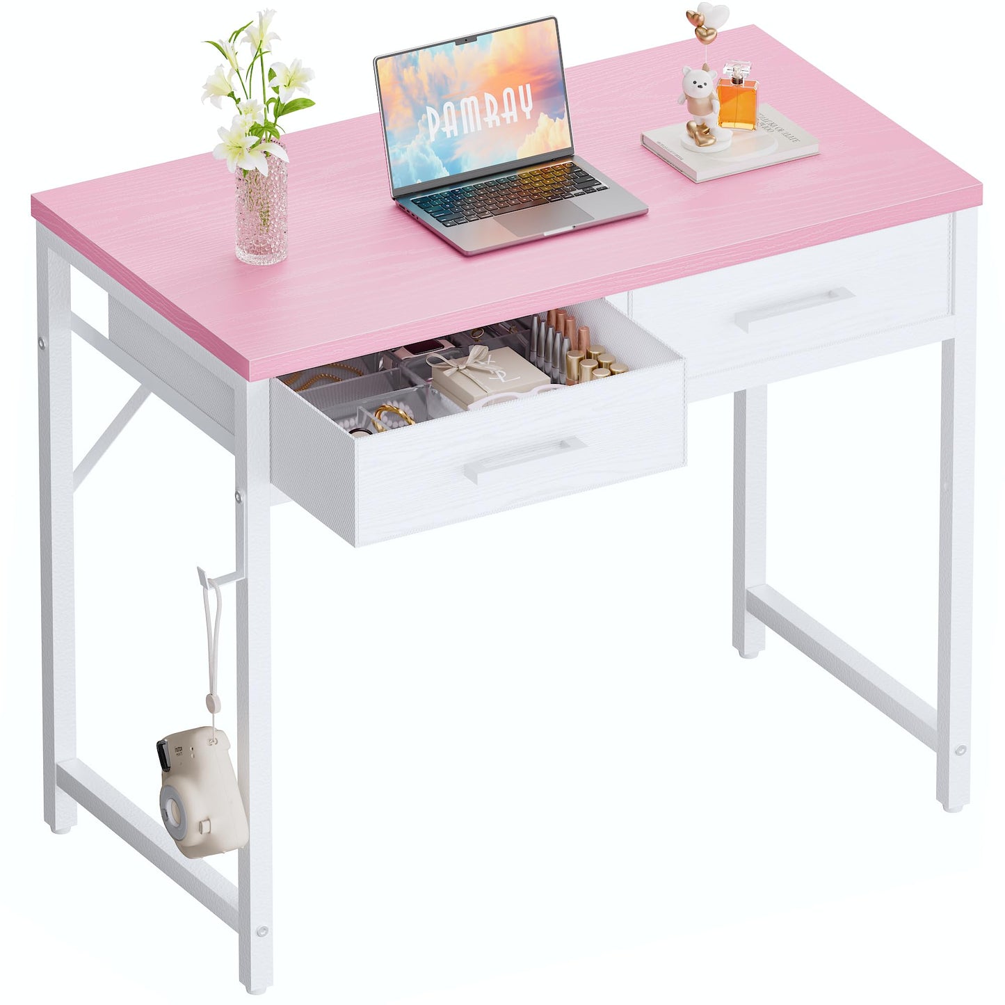 Pamray 32 Inch Small Computer Desk with 2 Drawers for Bedroom Study Writing Home Office Table for Small Spaces White