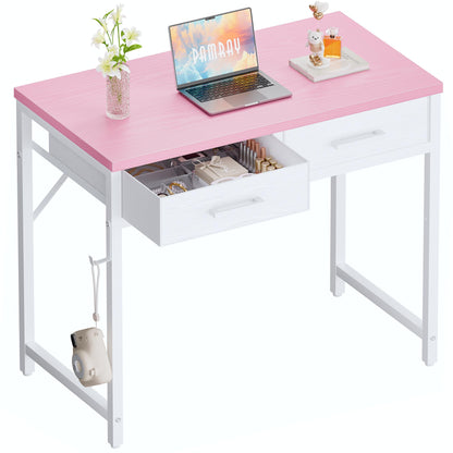 Pamray 32 Inch Small Computer Desk with 2 Drawers for Bedroom Study Writing Home Office Table for Small Spaces White