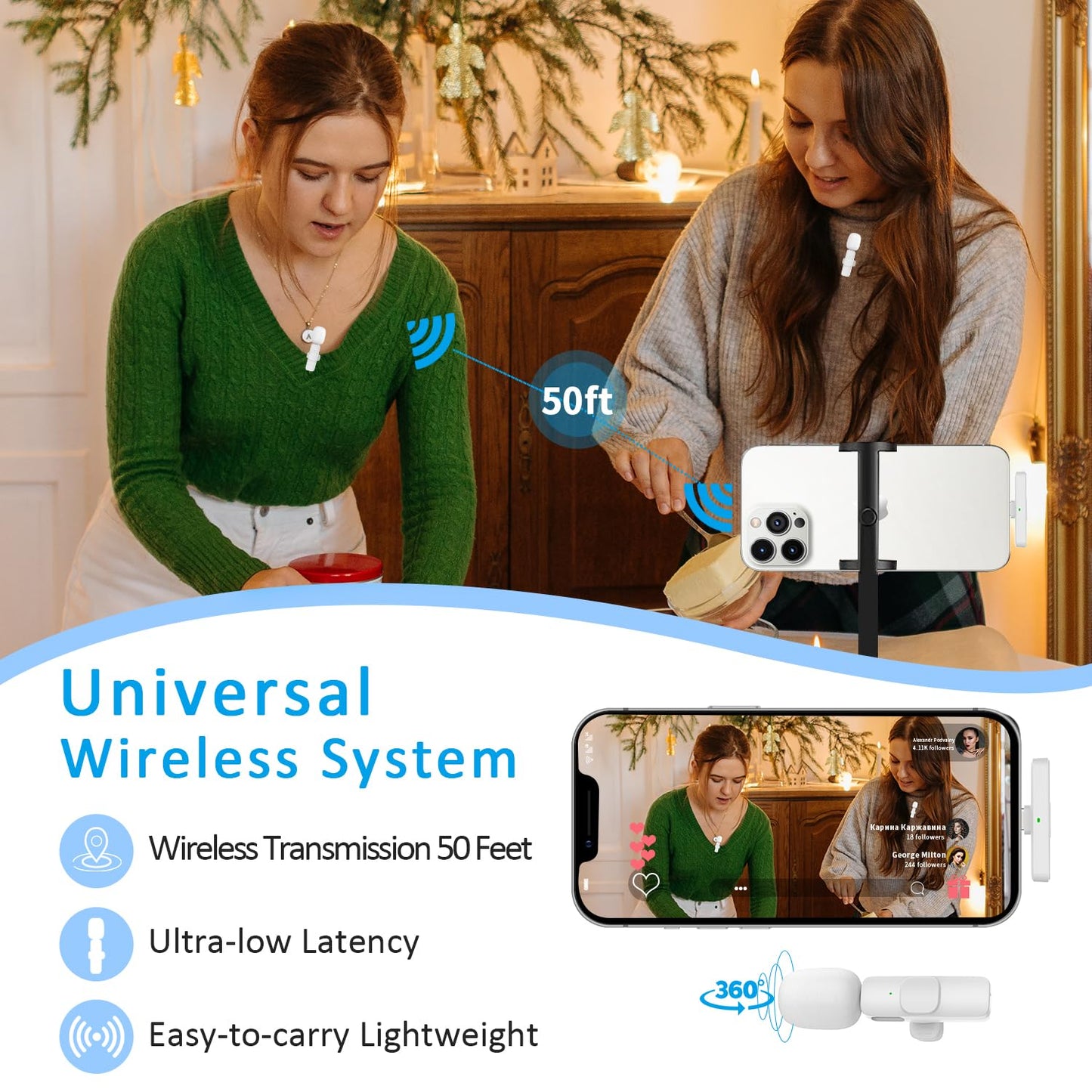 MAYBESTA Wireless Mini Microphone for iPhone, Android Phone - 2 Pack Lavalier Lapel Mic for Audio Video Recording - Clip on Content Creator Microphones for YouTube Tiktok Podcast Vlogging