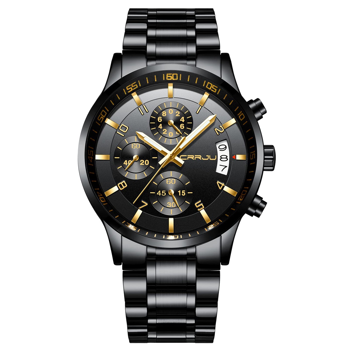 CRRJU Men's Fashion Stainless Steel Watches Date Waterproof Chronograph Wristwatches,Black Steel Band Waterproof Quartz Watch for Men