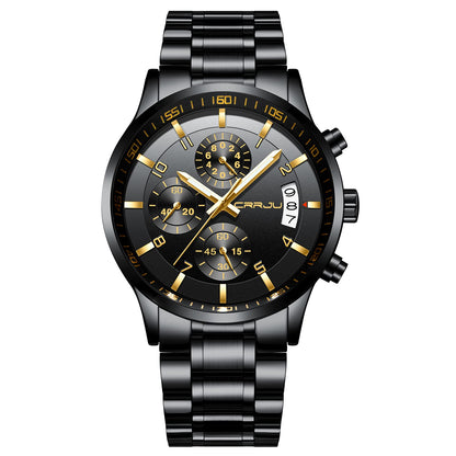 CRRJU Men's Fashion Stainless Steel Watches Date Waterproof Chronograph Wristwatches,Black Steel Band Waterproof Quartz Watch for Men