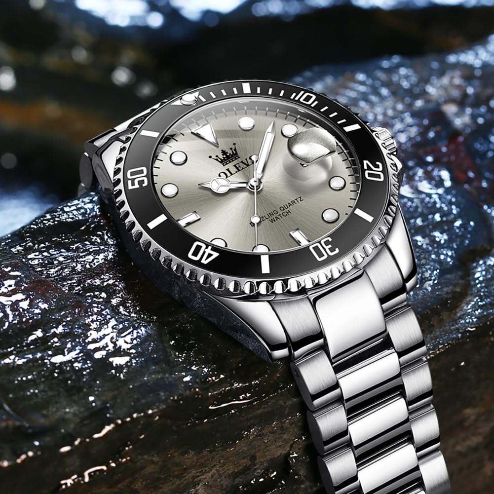 OLEVS Luxury Watches for Men Big Face Stainless Steel Business Dress Analog Quartz Watch with Day Waterproof Luminous Mens Wrist Watch