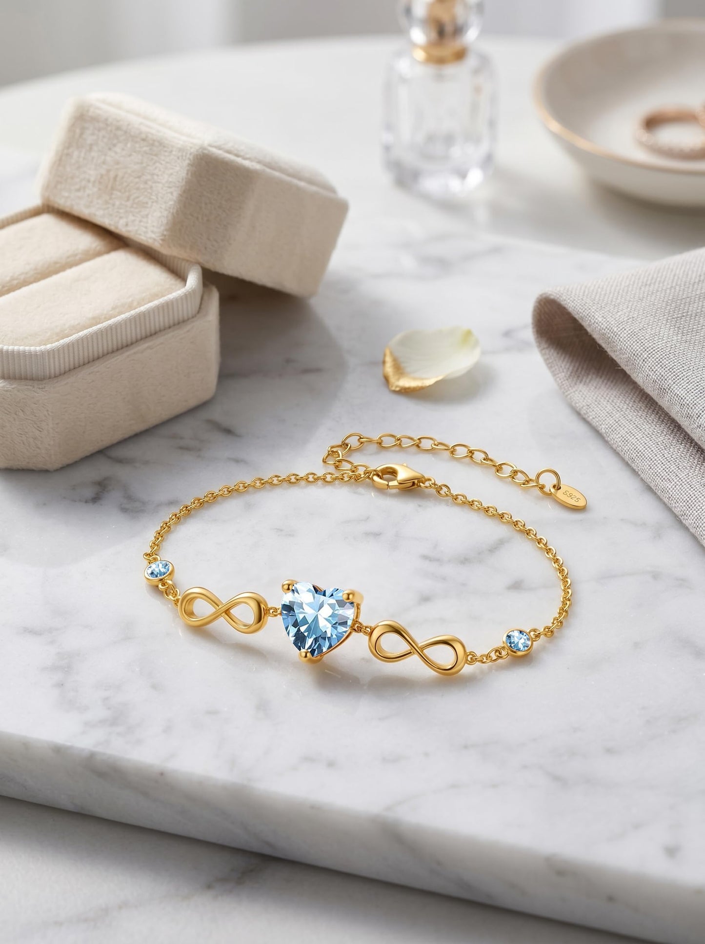 14K Gold Infinity Birthstone Bracelets for Women, Infinity Love Heart Birthstone Link Bracelets for Women, 14K Gold Plated Jewelry Birthday Gifts for Wife Girlfriend Mom, 7+2 Inch