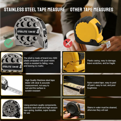 STEELITE Tape Measure 25'FT Stainless Steel Waterproof & Rustproof Retractable Measuring Tape with Hollow Design Carbon Fiber