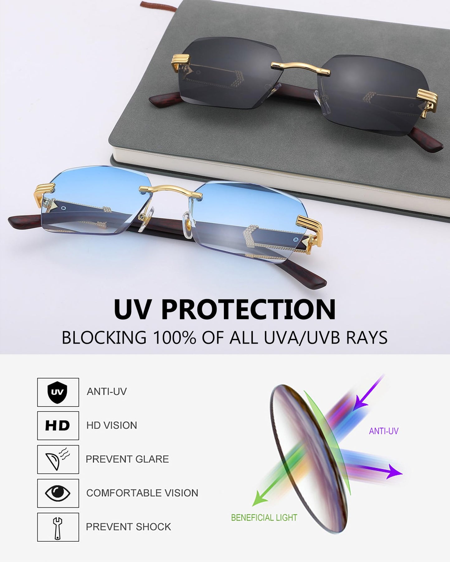 Pro Acme Rimless Rectangle Sunglasses for Men Women Hexagon Shade Eyewear Frameless y2k Glasses