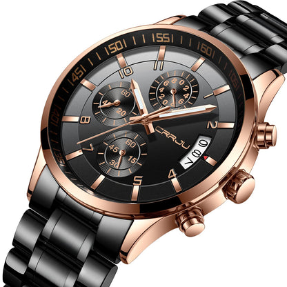 CRRJU Men's Fashion Stainless Steel Watches Date Waterproof Chronograph Wristwatches,Black Steel Band Waterproof Quartz Watch for Men