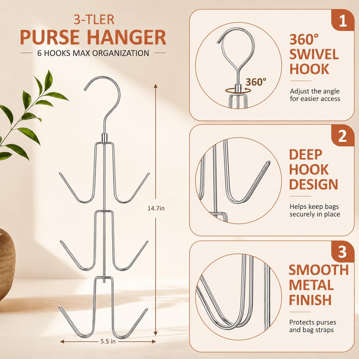 ZEDODIER 2 Pack Purse Organizer for Closet, Heavy-Duty Hanging Purse Hanger Closet Holds Up to 12 Purses, Metal Rotating Space Saving Bag Holder Handbag Storage Hook Backpack Rack, Silver