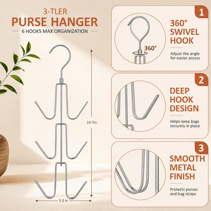 ZEDODIER 2 Pack Purse Organizer for Closet, Heavy-Duty Hanging Purse Hanger Closet Holds Up to 12 Purses, Metal Rotating Space Saving Bag Holder Handbag Storage Hook Backpack Rack, Silver