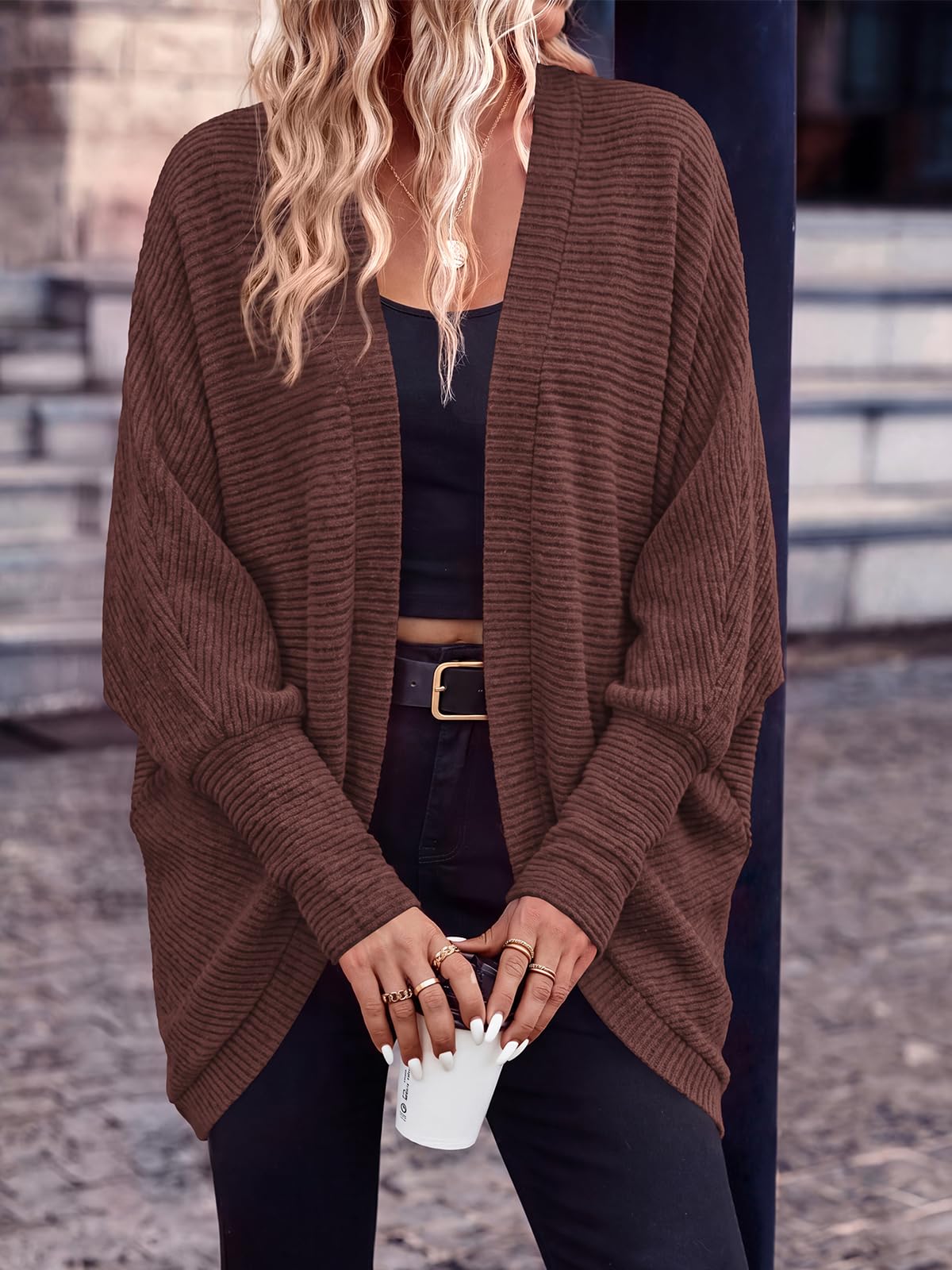PRETTYGARDEN Batwing Long Sleeve Lightweight Cardigan Sweaters for Women | Casual Open Front Long Cardigans, Loose Fit Soft Ribbed Knit Light Weight Sweater, Fashion Early Fall Clothes, Travel Outfits