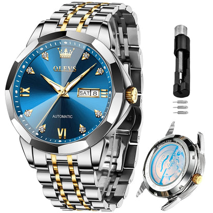 OLEVS Skeleton Men Watches Automatic Business Luxury Diamond Self Winding Watch for Men Stainless Steel Calendar Wrist Watch