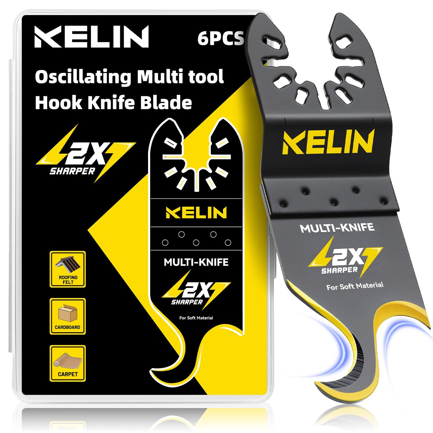 KELIN 6PCS Oscillating Multi Tool Hook Knife Blades, Multitool Saw Blades for Soft Materials Like Roofing Shingles, Carpet, Cardboard & PVC Flooring, Universal Interface