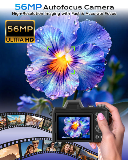 4K Digital Camera for Photography Travel, 56MP Autofocus Vlogging Camera for YouTube, 16X Zoom with 3" 180°Flip Screen & Lens Hood, 32GB Card, Gift Ideas for Teens & Beginners