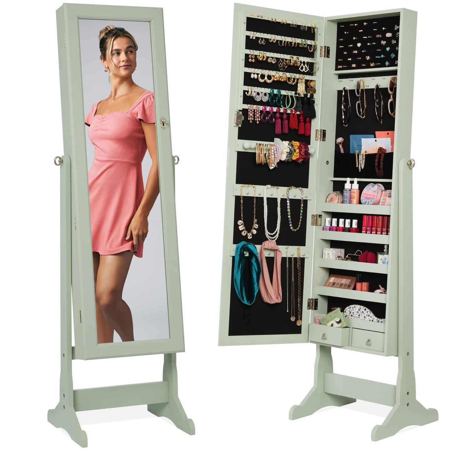 Best Choice Products Freestanding Jewelry Armoire Cabinet, Full Length Standing Mirror, Lockable Makeup Storage Organizer, w/Velvet Lining, 3 Angles, Lock, Accessory Pouch, 5 Shelves - White