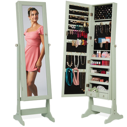 Best Choice Products Freestanding Jewelry Armoire Cabinet, Full Length Standing Mirror, Lockable Makeup Storage Organizer, w/Velvet Lining, 3 Angles, Lock, Accessory Pouch, 5 Shelves - White