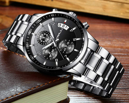 CRRJU Men's Fashion Stainless Steel Watches Date Waterproof Chronograph Wristwatches,Black Steel Band Waterproof Quartz Watch for Men