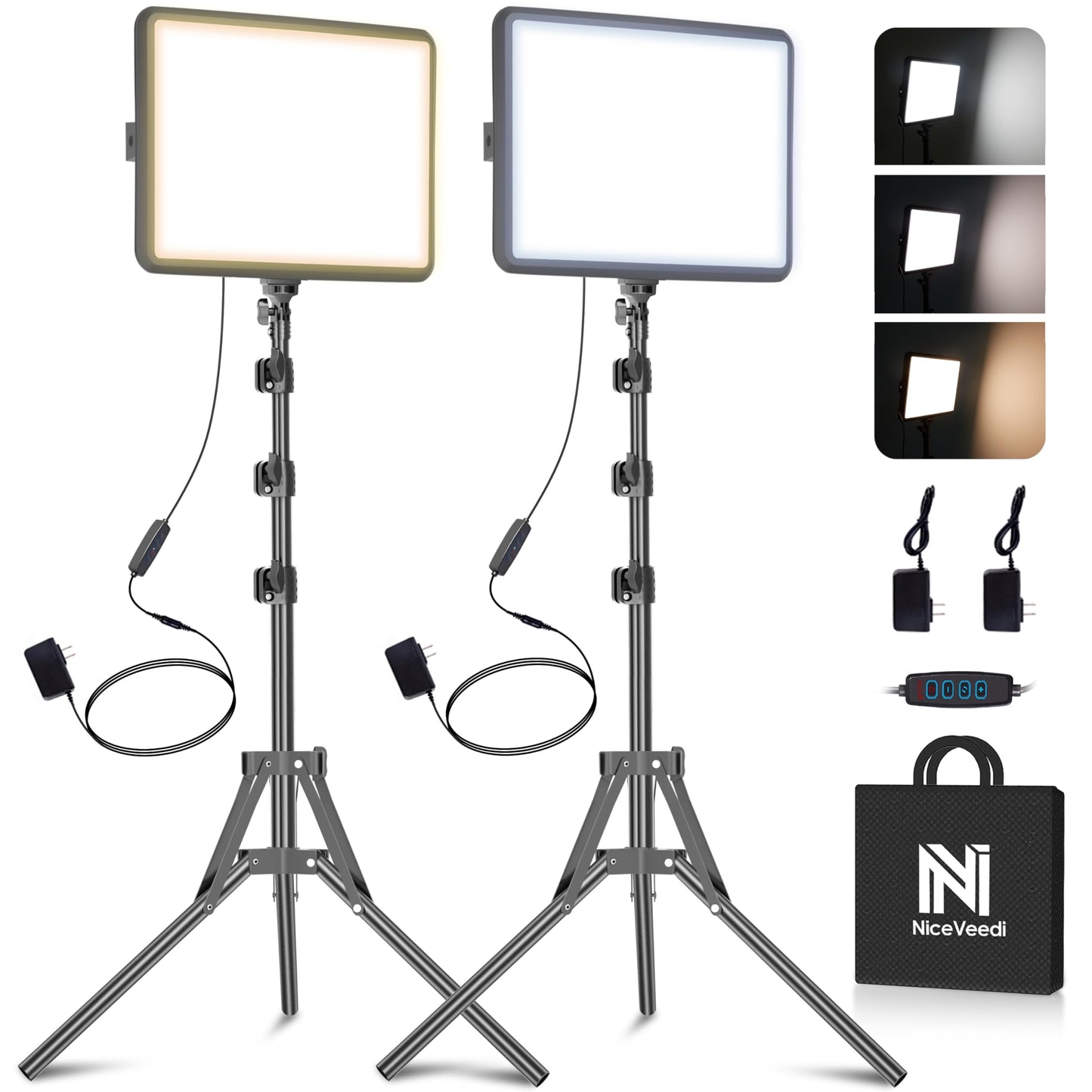 2-Pack LED Video Light Kit, NiceVeedi Studio Light, 2800-6500K Dimmable Photography Lighting Kit with Tripod Stand&Phone Holder, 73" Stream Light for Video Recording, Game Streaming, YouTube