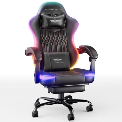 Ergonomic Gaming Chair, RGB LED Lights Computer Chairs with Retractable Footrest, 400 lbs Lumbar Support Linked Armrests Gamer Chair High Back Heavy Duty Video Game Chairs (Black Red)
