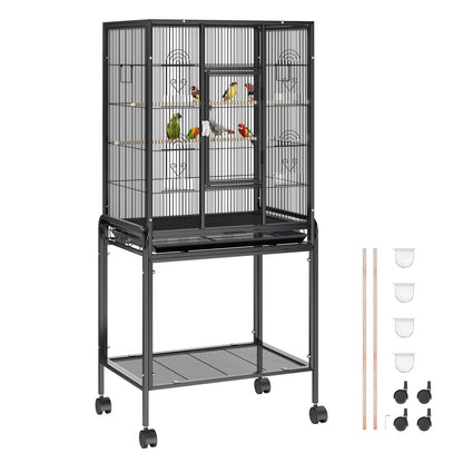 VEVOR Bird Cage, 24.6 x 16.7 x 53.9 inch, Flat Top, Wrought Iron Bird Flight Cage with Perches, Slide-Out Tray and Plastic Feeders, Casters, for Parrot, Blue Tit, Cockatiel, Canary, Budgerigar, Conure