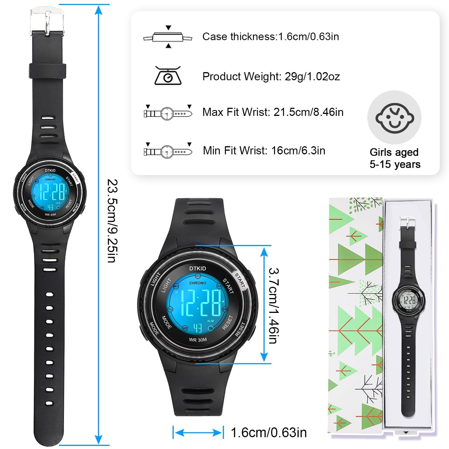 DTKID Digital Kids Watch 30 M Waterproof, 7 Color Lights Time Teaching Watch Easy to Read for Girls Boys 5-16