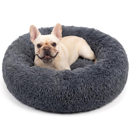 Small Calming Dogs Bed for Small Dogs Anti-Anxiety Machine Washable Fluffy Luxury Anti-Slip Waterproof Mute Base Warming Cozy Soft Pet Puppy Round Bed