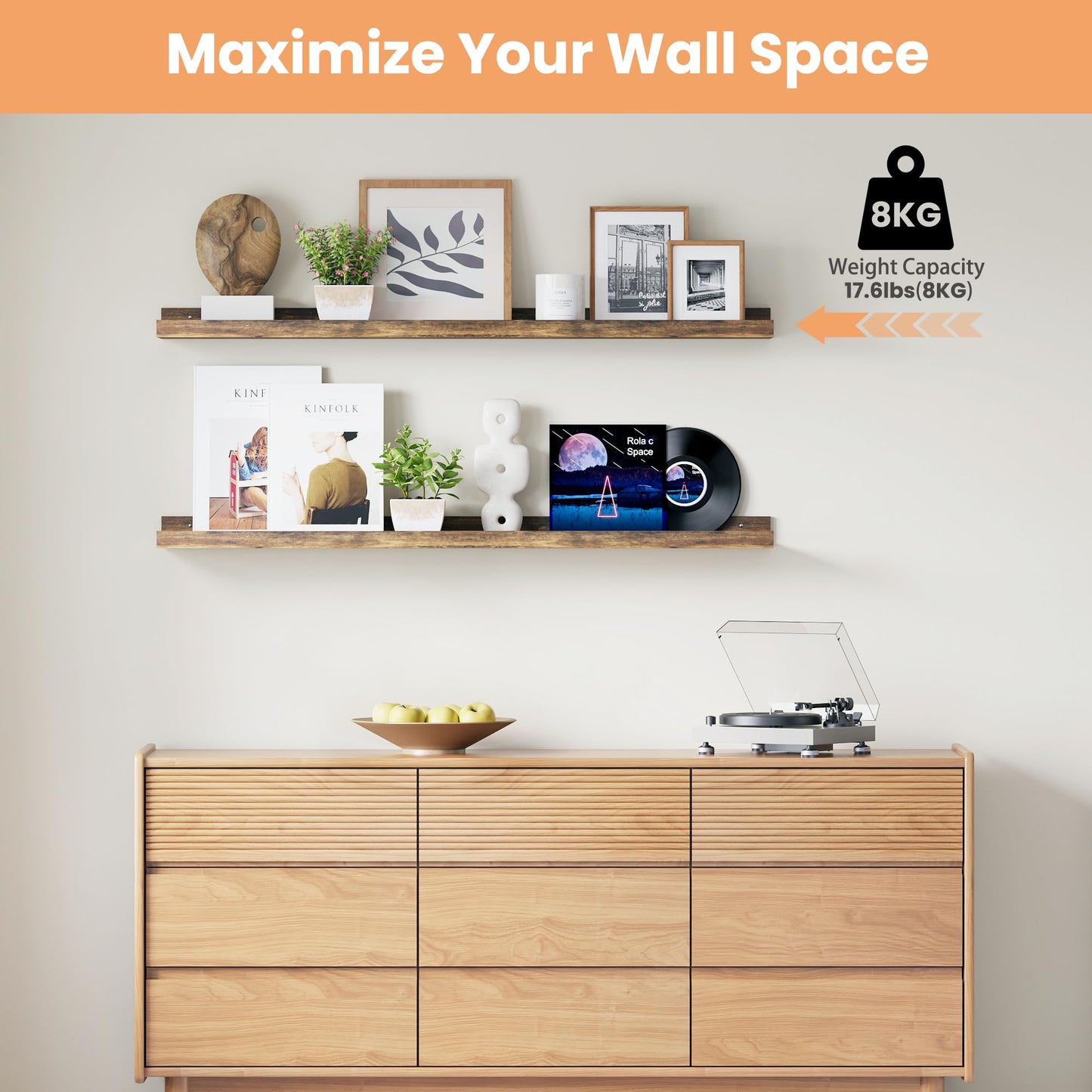 upsimples Floating Shelves for Wall, Wall Shelves for Decor Storage Set of 6, Wall Mounted Wood Shelf for Bedroom, Living Room, Bathroom, Kitchen, Picture Ledge Shelf, Black