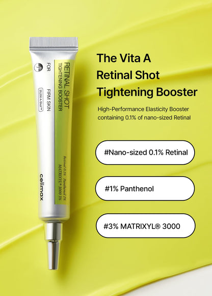 celimax The Vita A Retinal Shot Tightening Booster | 0.1% Retinal, 3% Matryxyl, High-Strength Retinoid for Anti-Aging, Pore Minimizer, Wrinkles & Fine Lines, Firmer Skin, 15ml, Korean Skin Care Gift