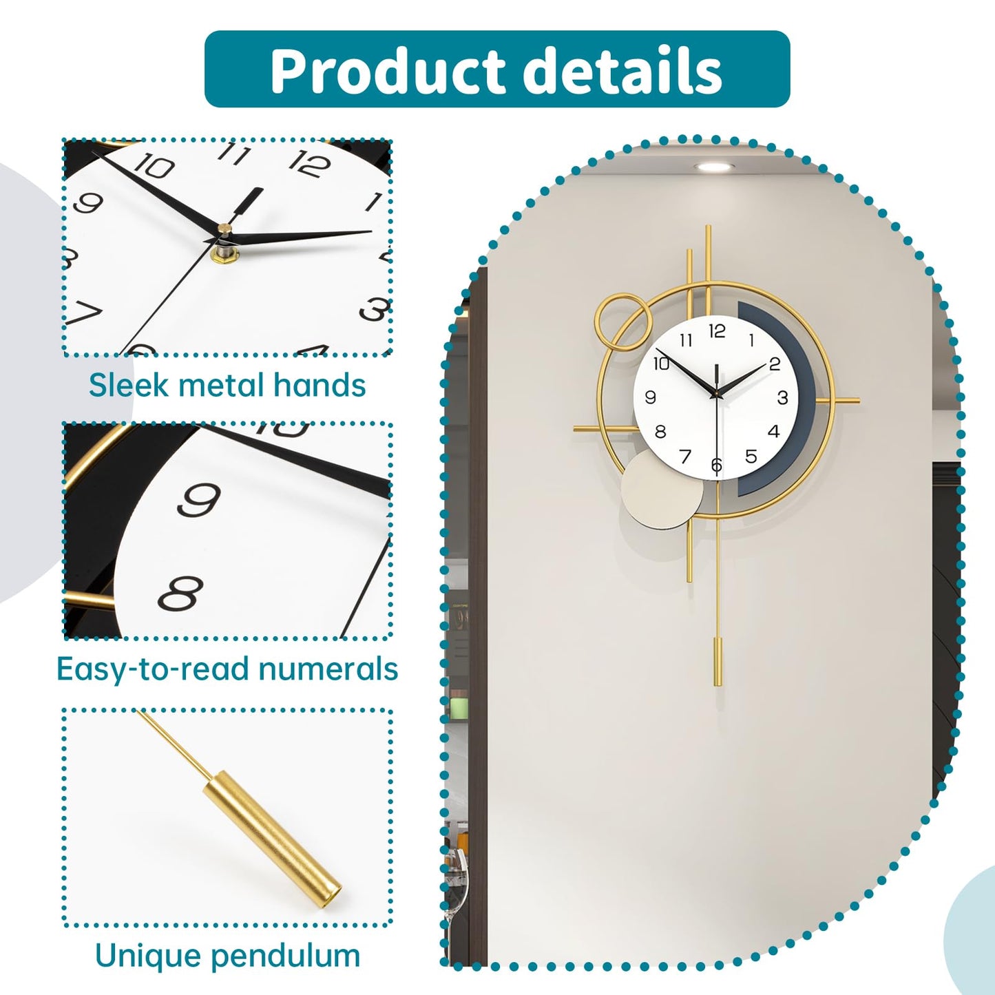 Wall Clock Decorative Large Modern Wall Clock Silent Non-Ticking Battery Operated Gold Unique Pendulum Clock for Living Room,Bedroom,Office,Kitchen,Bathroom,Wall Decor 13.8x21.9in