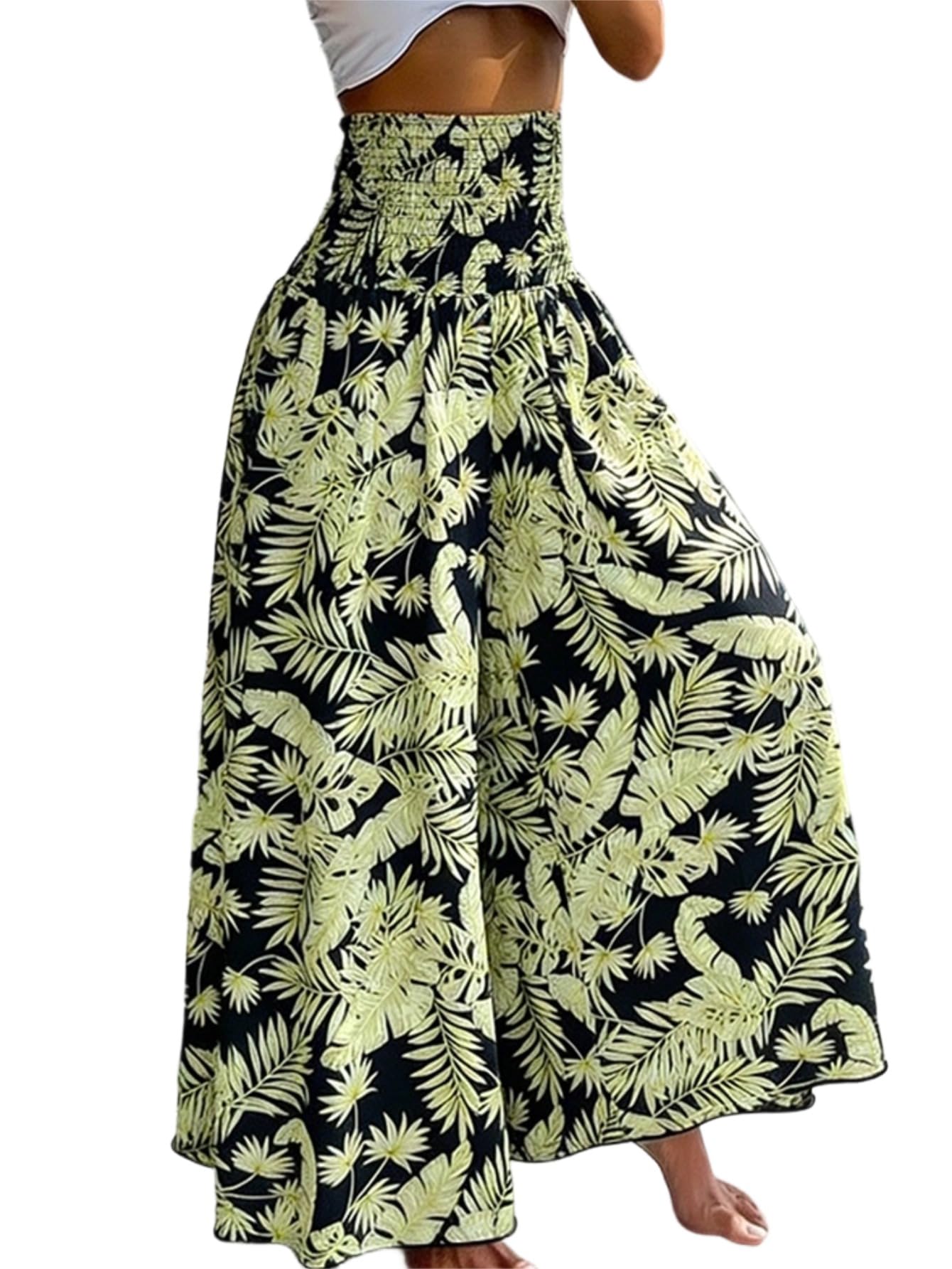 CHICME Boho Floral Shirred High Waisted Wide Leg Pants Flowy Palazzo Pants Summer Beach Vacation Wear