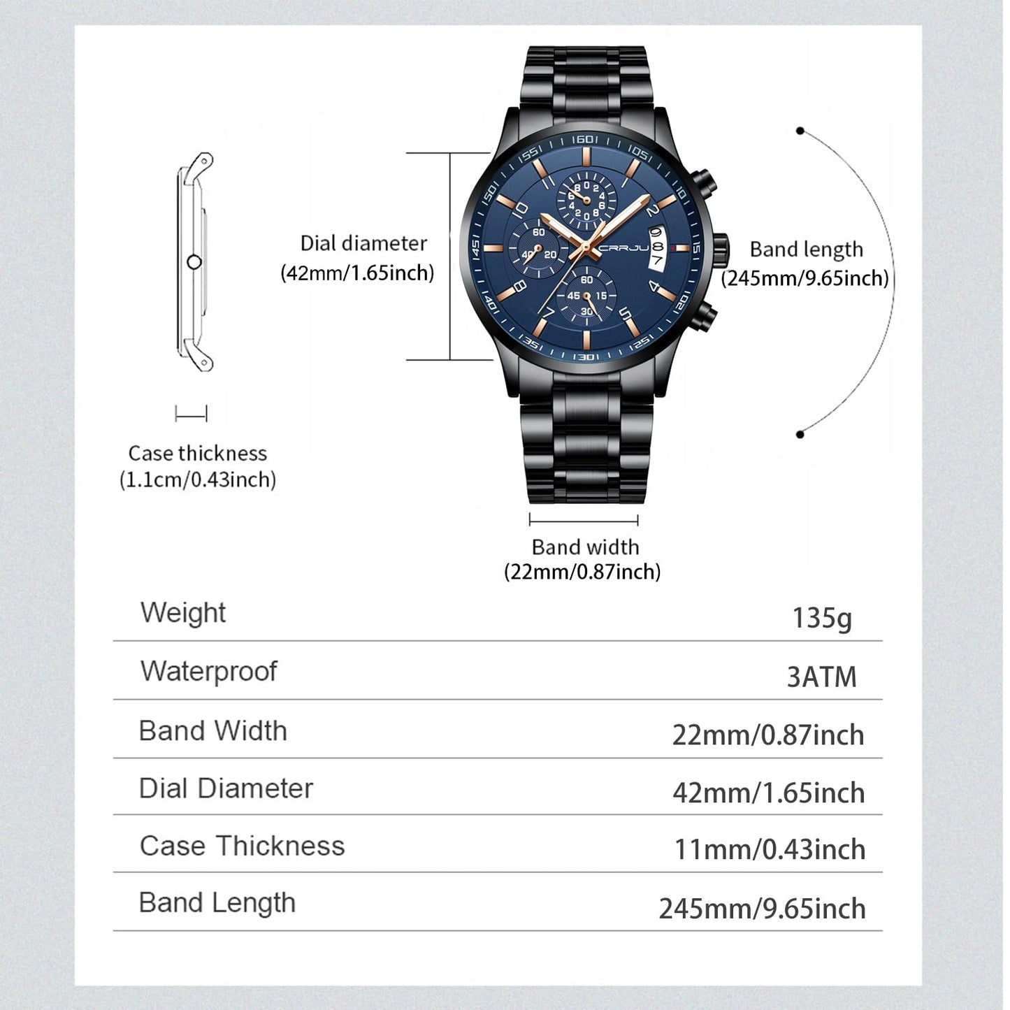 CRRJU Men's Fashion Stainless Steel Watches Date Waterproof Chronograph Wristwatches,Black Steel Band Waterproof Quartz Watch for Men