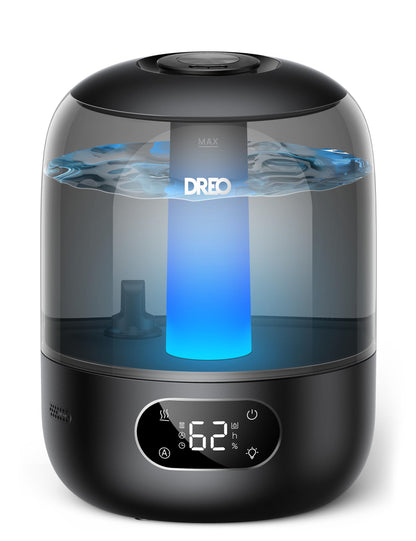 DREO Humidifiers for Bedroom, 3L Top Fill 30H & 26dB Quiet Runtime for Large Room, Cool Mist Ultrasonic Humidifier with Humidity Sensor, Night Light for Home, Baby, Nursery, Plants, 360° Nozzle, Black