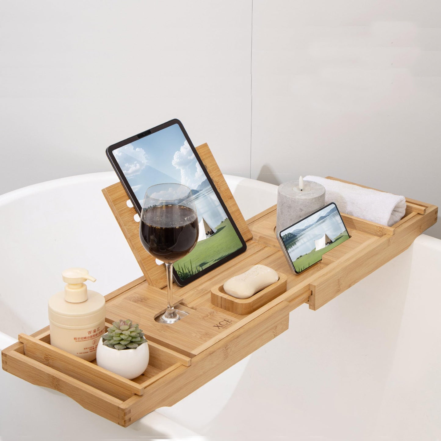 XcE Bamboo Bathtub Caddy Tray - Expandable to 41 Inches with Book Stand, Soap Holder & Anti-Slip Pads for Luxury Bath Spa, Brown