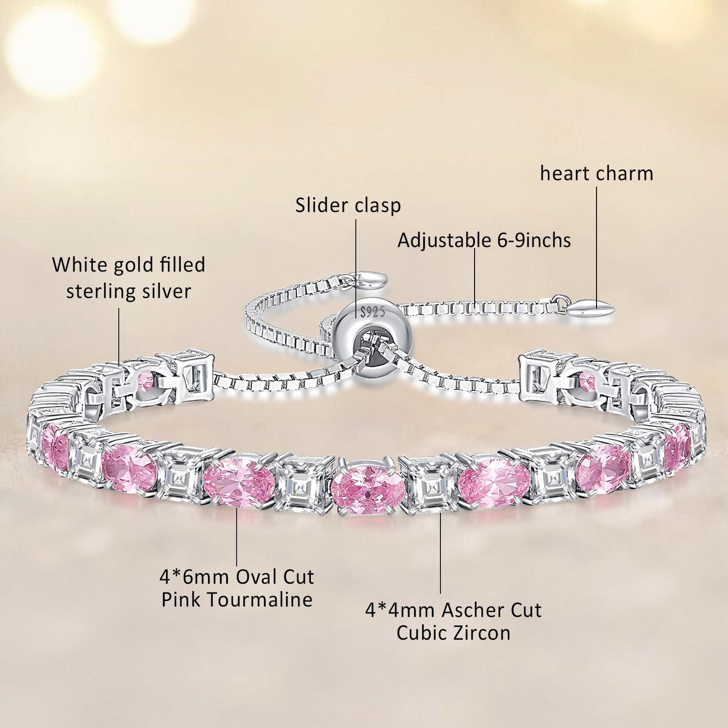 Sterling Silver Birthstone Bracelets for Women White Gold Tennis Bracelets Adjustable Chain 6-9 Inchs Jewelry Hypoallergenic Anniversary Birthday Gifts for Women Mom Wife Her
