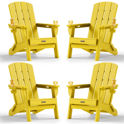 Folding Adirondack Chair, HDPE Adirondack Chairs with 2 Cup Holder, Plastic All-Weather Fire Pit Chairs, Outdoor Lawn Chair for Patio Garden (Grey)