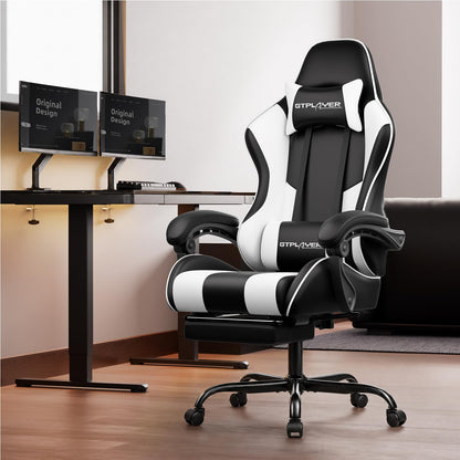 GTPLAYER Gaming Chair, Computer Chair with Footrest and Lumbar Support, Height Adjustable Game Chair with 360°-Swivel Seat and Headrest and for Office or Gaming (Pearl White)