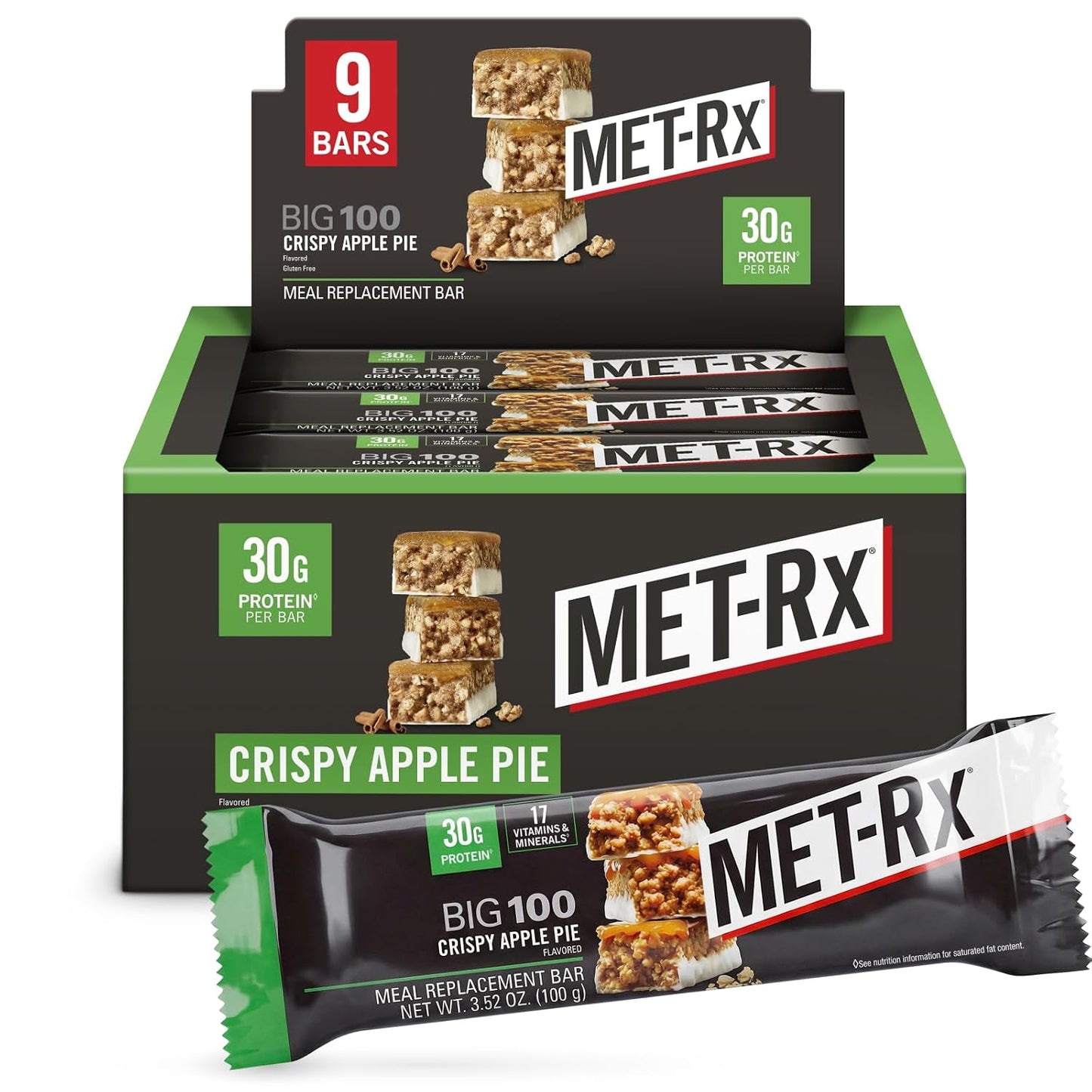 MET-Rx Big 100 Protein Bar, Meal Replacement Bar, 30G Protein, Salted Caramel Brownie Crunch, 9 Count, 3.52 Oz.(Packaging may vary)