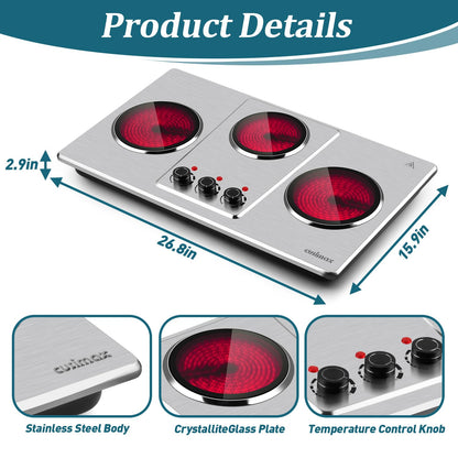 Cusimax Hot Plate Electric,Countertop Infrared Triple Burner with 7″ Ceramic Glass Cooktop,Electric Hot Plate for Cooking,11 Level Temperature Setting